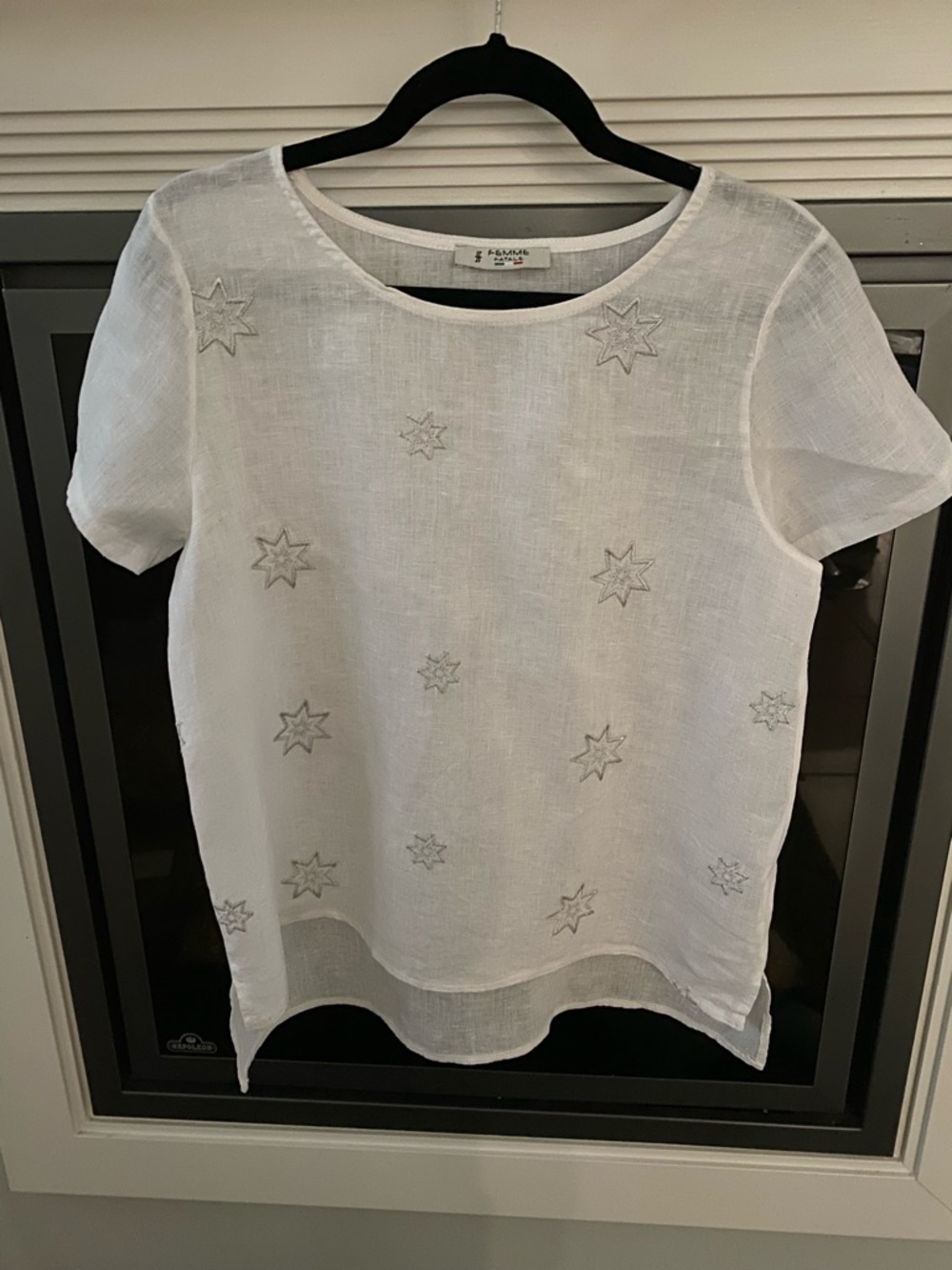 Women’s 100% White Linen Embroidered Stars Femme Fatale Italian Made Top- Sz S